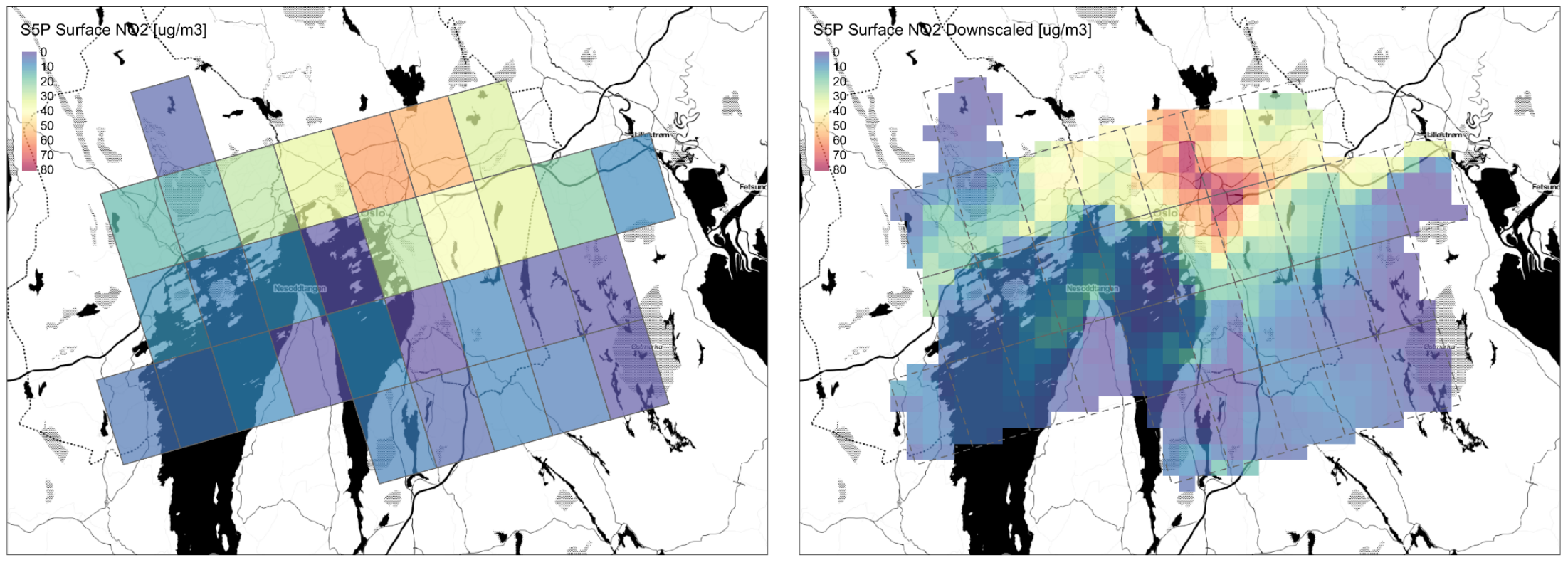 Original and downscaled S5P TROPOMI surface NO2 over Oslo